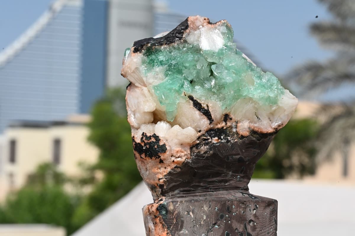 Green Apophyllite Crystal Cluster on Basalt Matrix with Display Pedestal — view 10