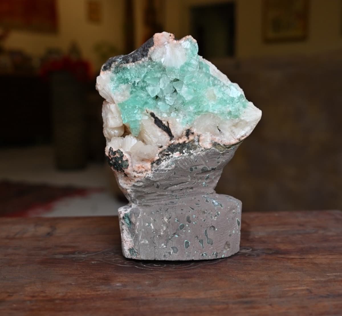 Green Apophyllite Crystal Cluster on Basalt Matrix with Display Pedestal — view 8