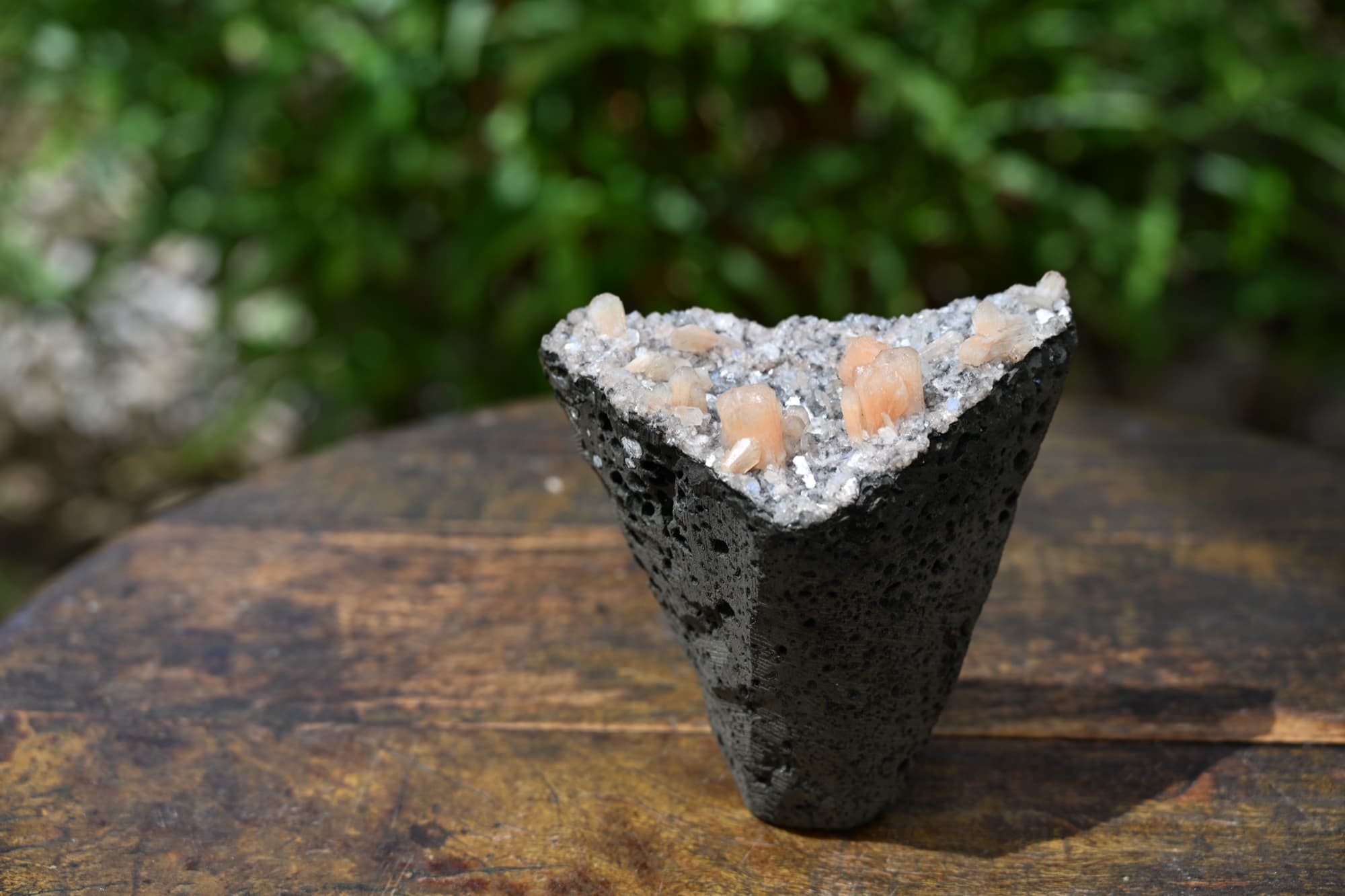 Peach Stilbite and Druzy Quartz on Vesicular Basalt — view 15