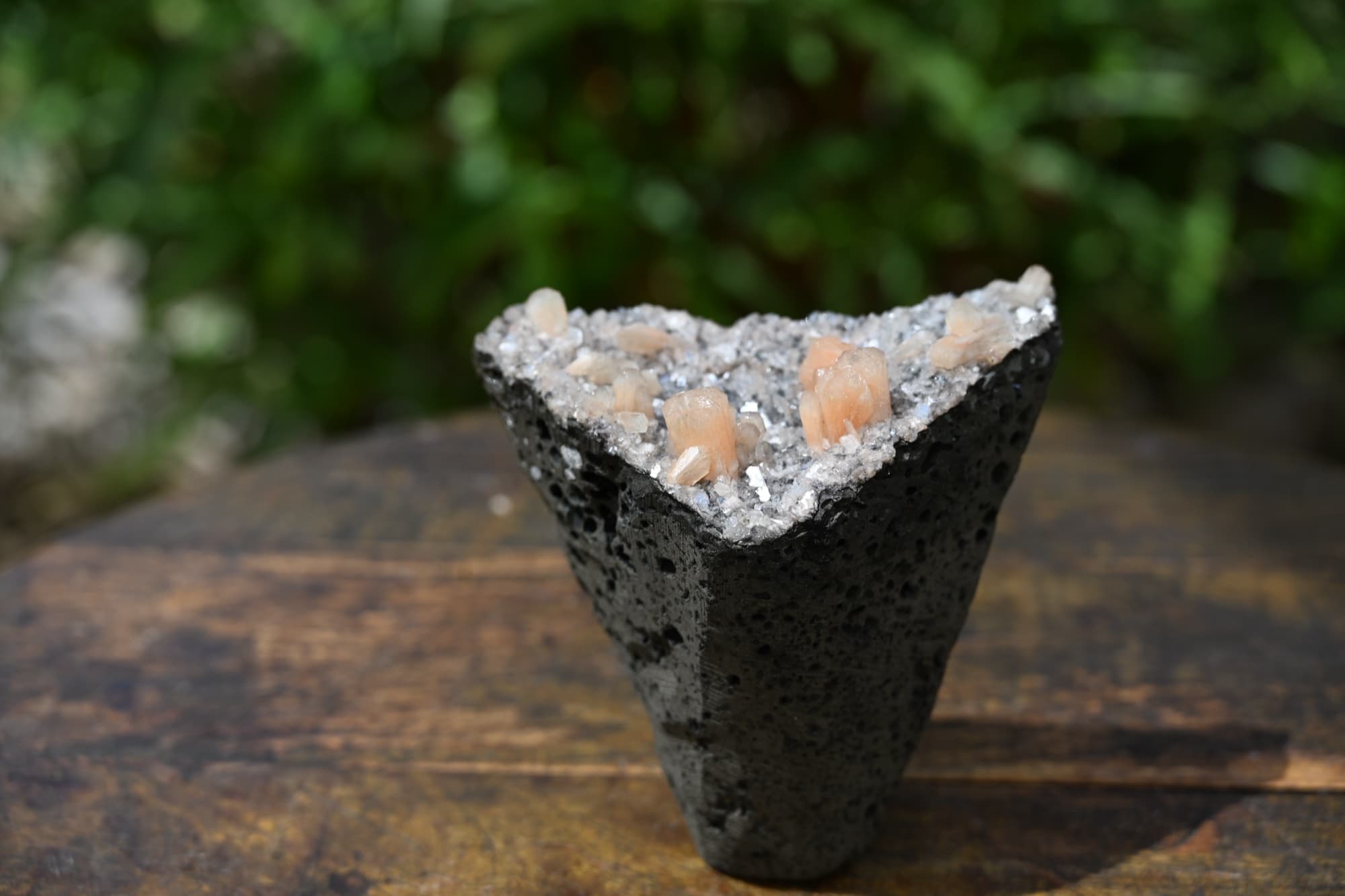 Peach Stilbite and Druzy Quartz on Vesicular Basalt — view 16