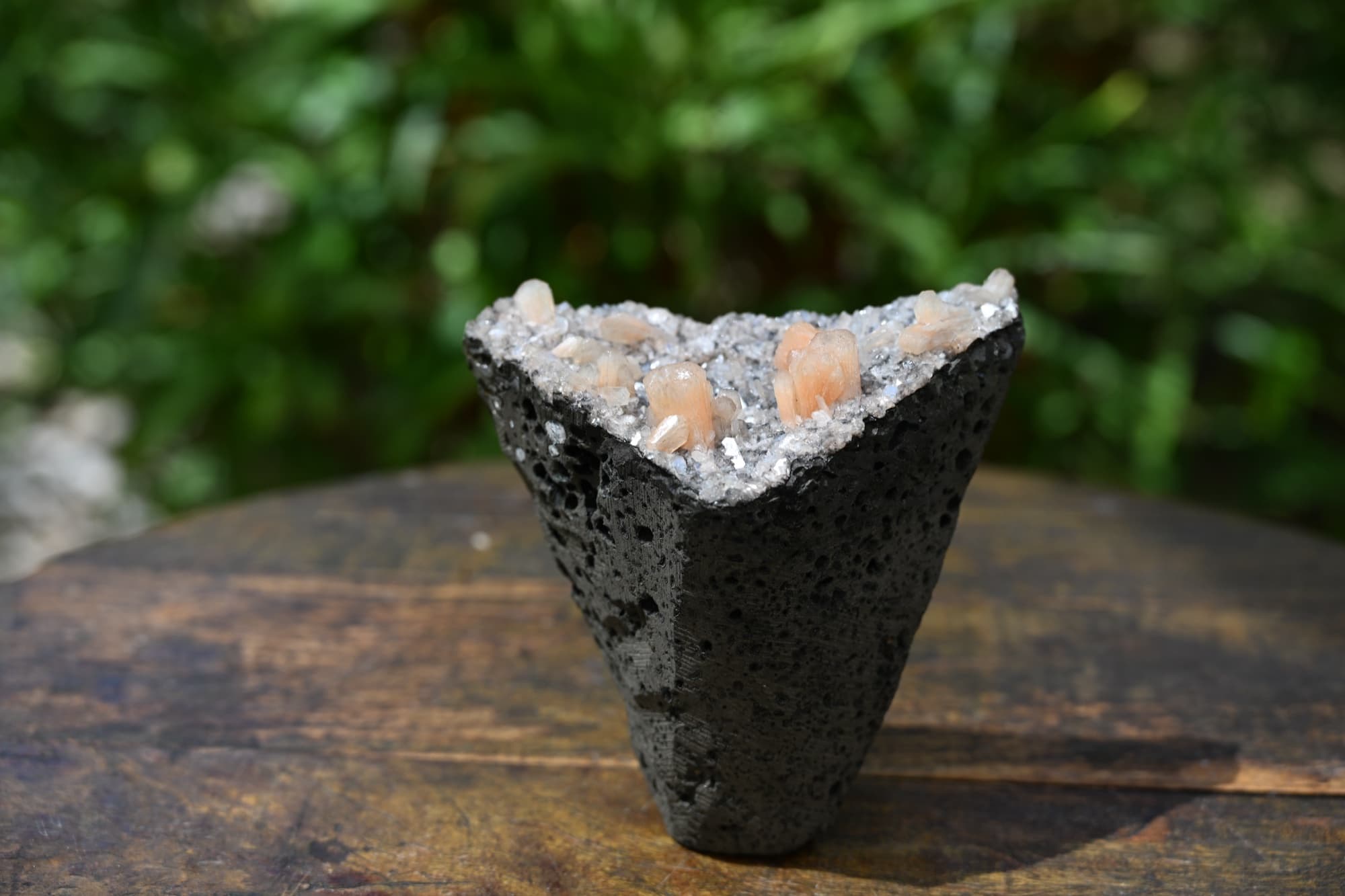 Peach Stilbite and Druzy Quartz on Vesicular Basalt — view 17