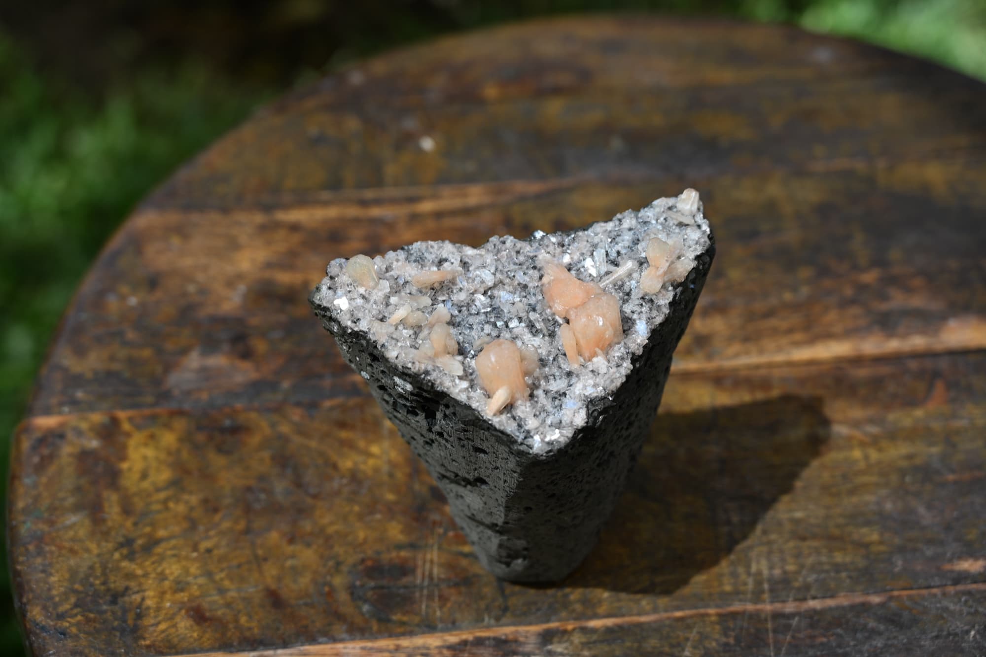 Peach Stilbite and Druzy Quartz on Vesicular Basalt — view 12