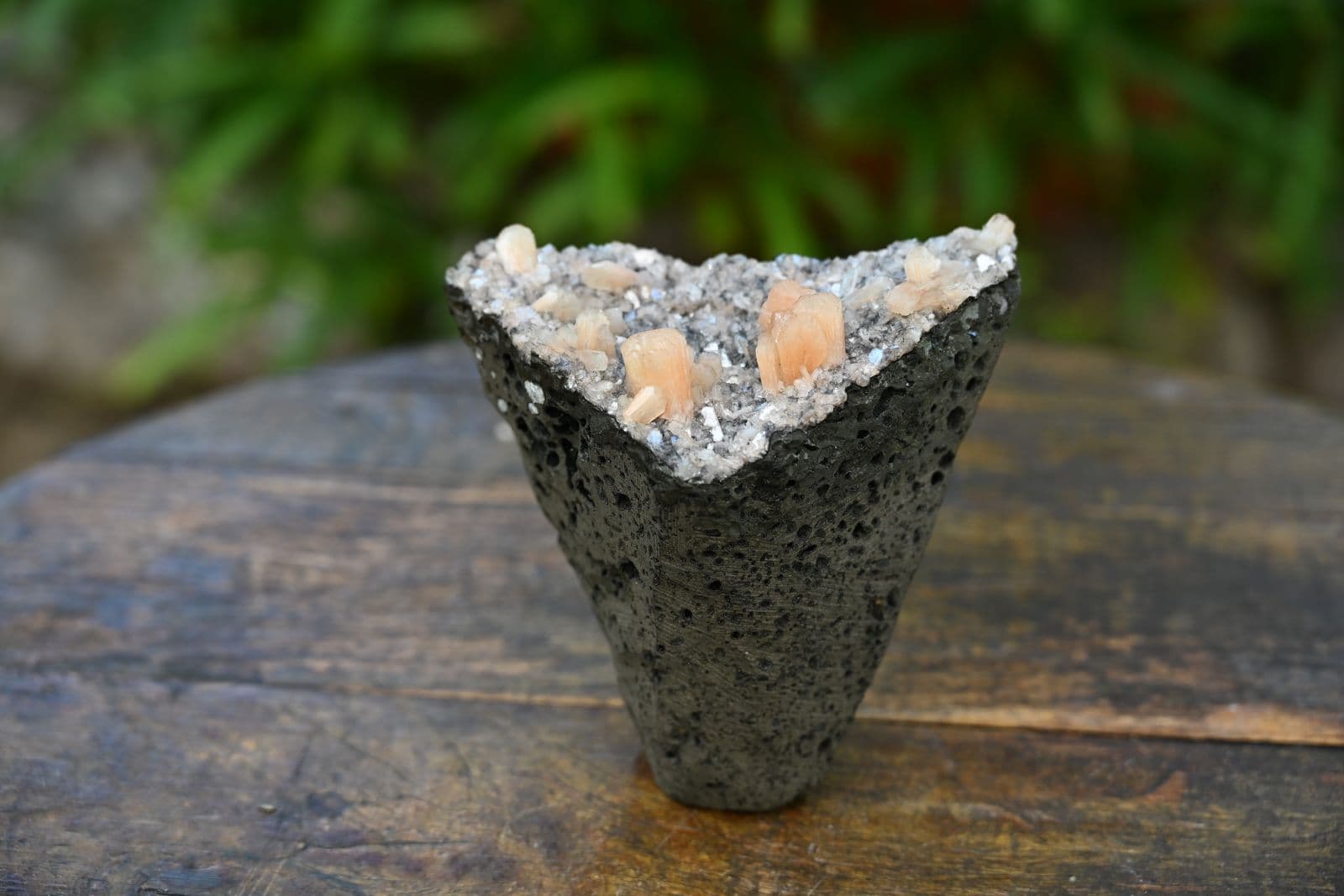 Peach Stilbite and Druzy Quartz on Vesicular Basalt — view 5