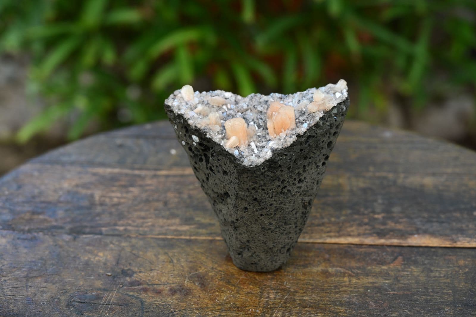 Peach Stilbite and Druzy Quartz on Vesicular Basalt