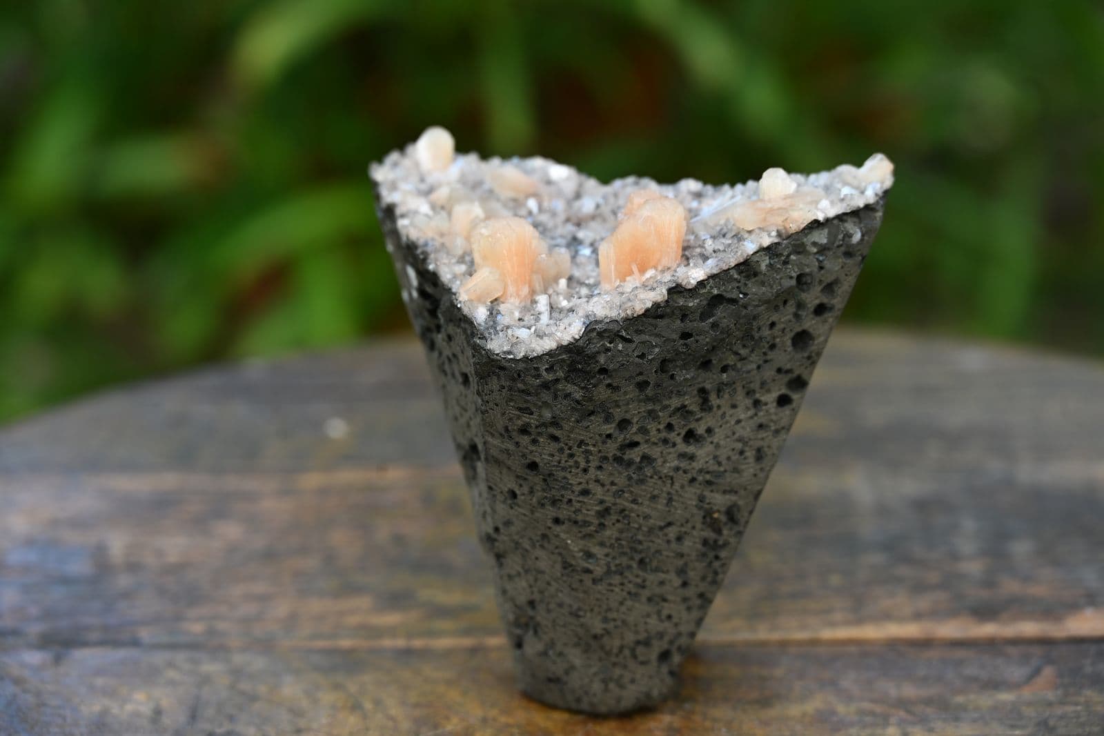 Peach Stilbite and Druzy Quartz on Vesicular Basalt — view 6