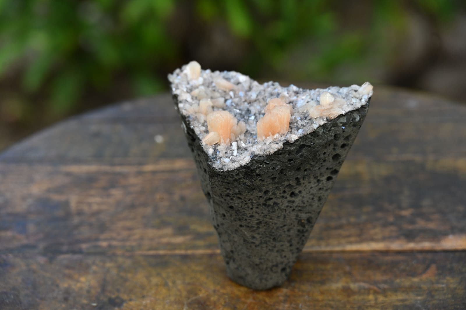 Peach Stilbite and Druzy Quartz on Vesicular Basalt — view 7