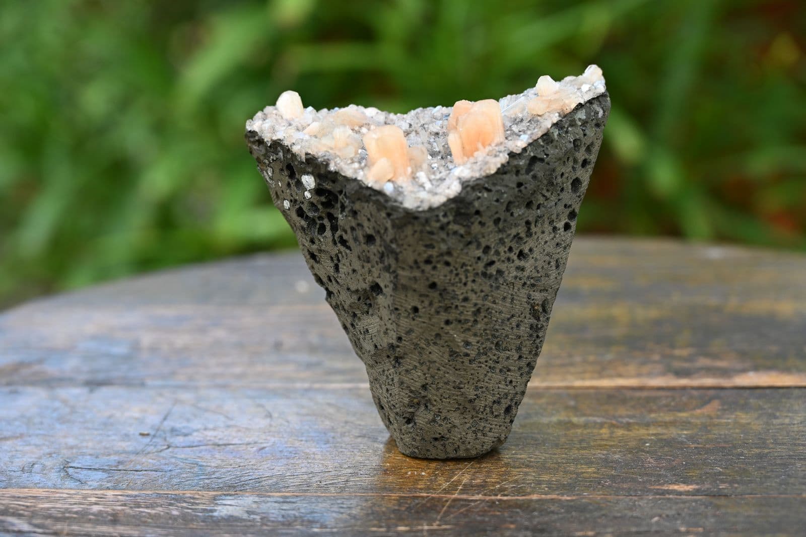 Peach Stilbite and Druzy Quartz on Vesicular Basalt — view 10