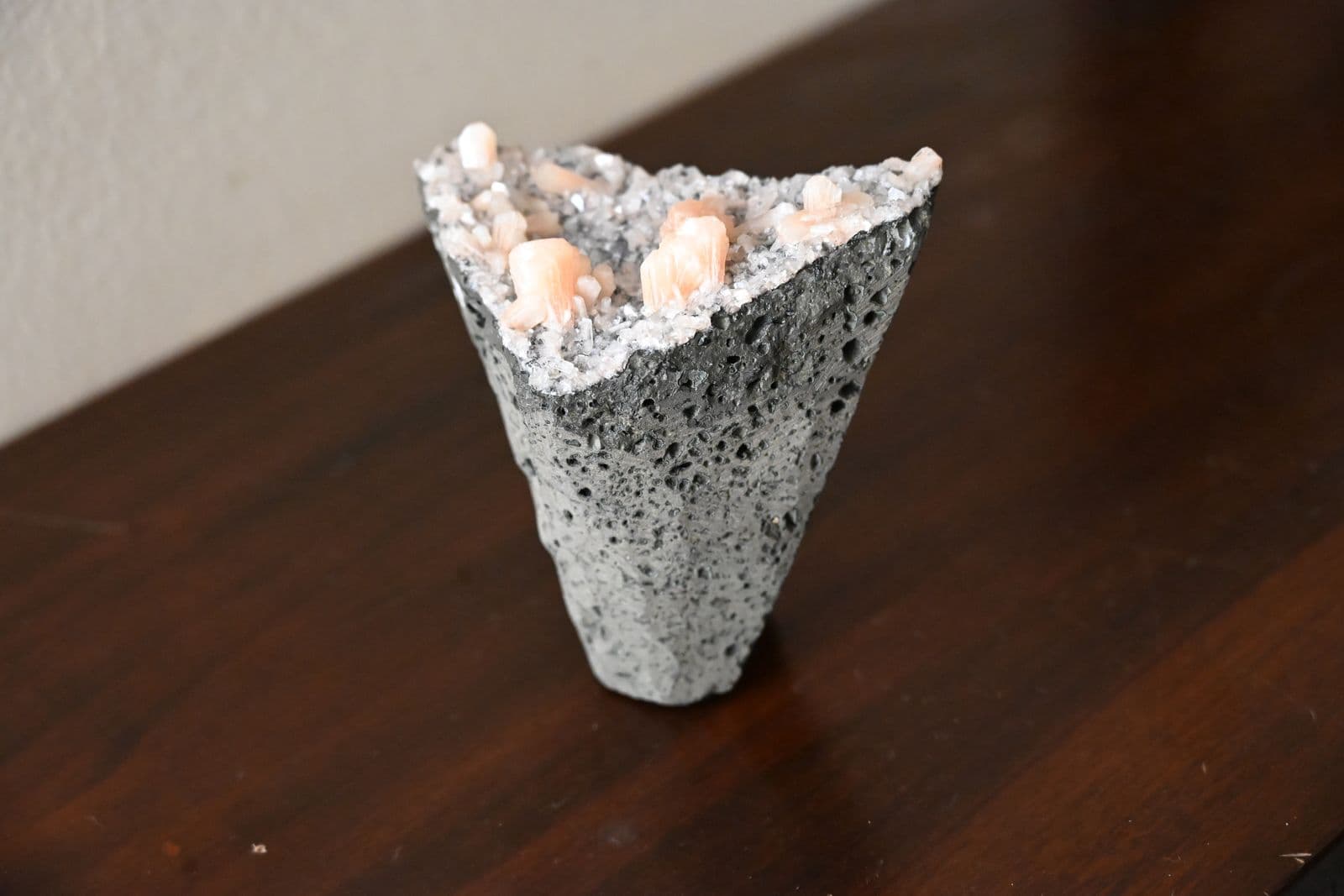 Peach Stilbite and Druzy Quartz on Vesicular Basalt — view 2