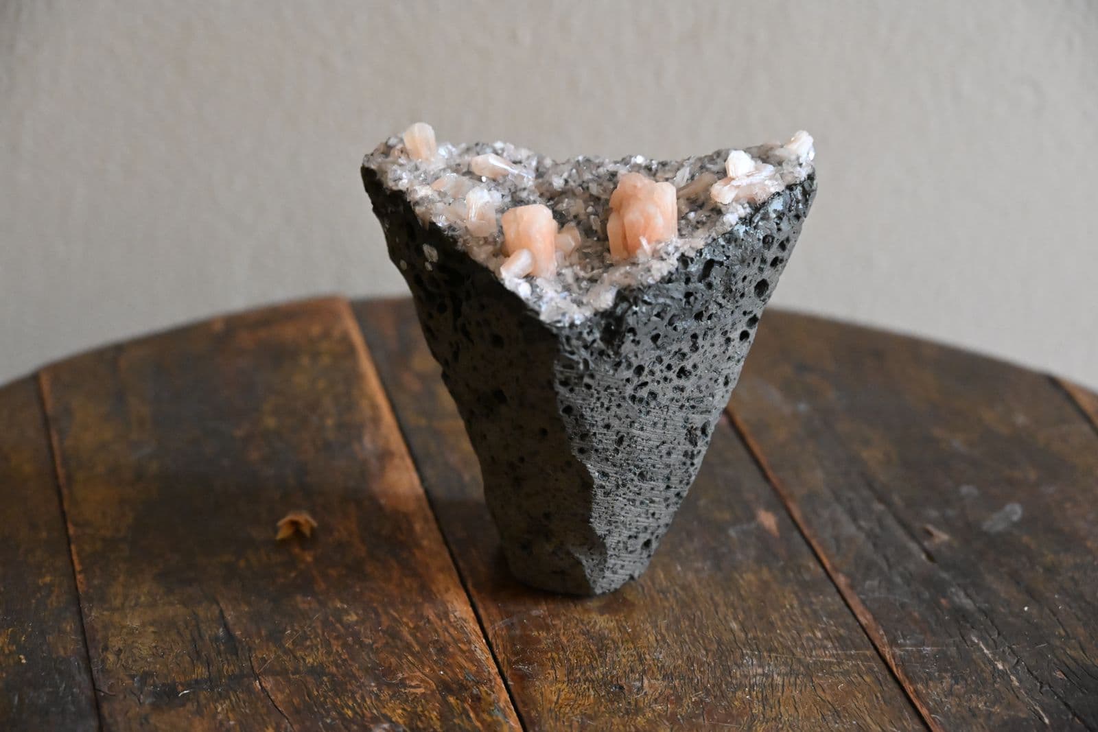 Peach Stilbite and Druzy Quartz on Vesicular Basalt — view 3