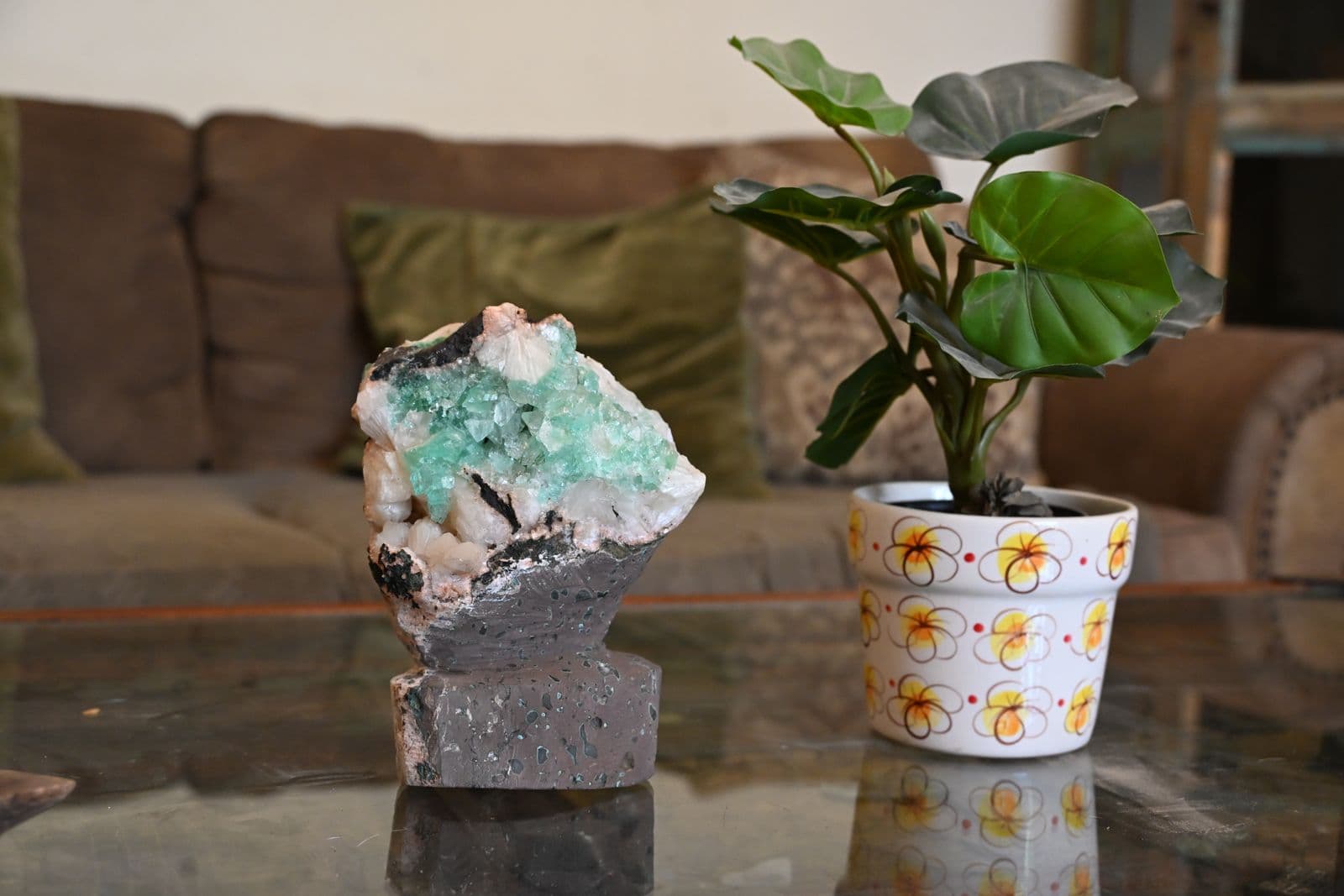 Green Apophyllite Crystal Cluster on Basalt Matrix with Display Pedestal — view 3