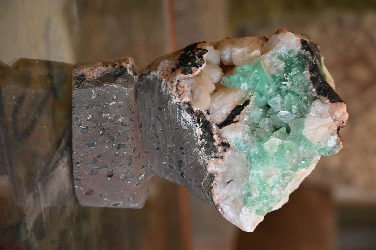 Green Apophyllite Crystal Cluster on Basalt Matrix with Display Pedestal — view 4