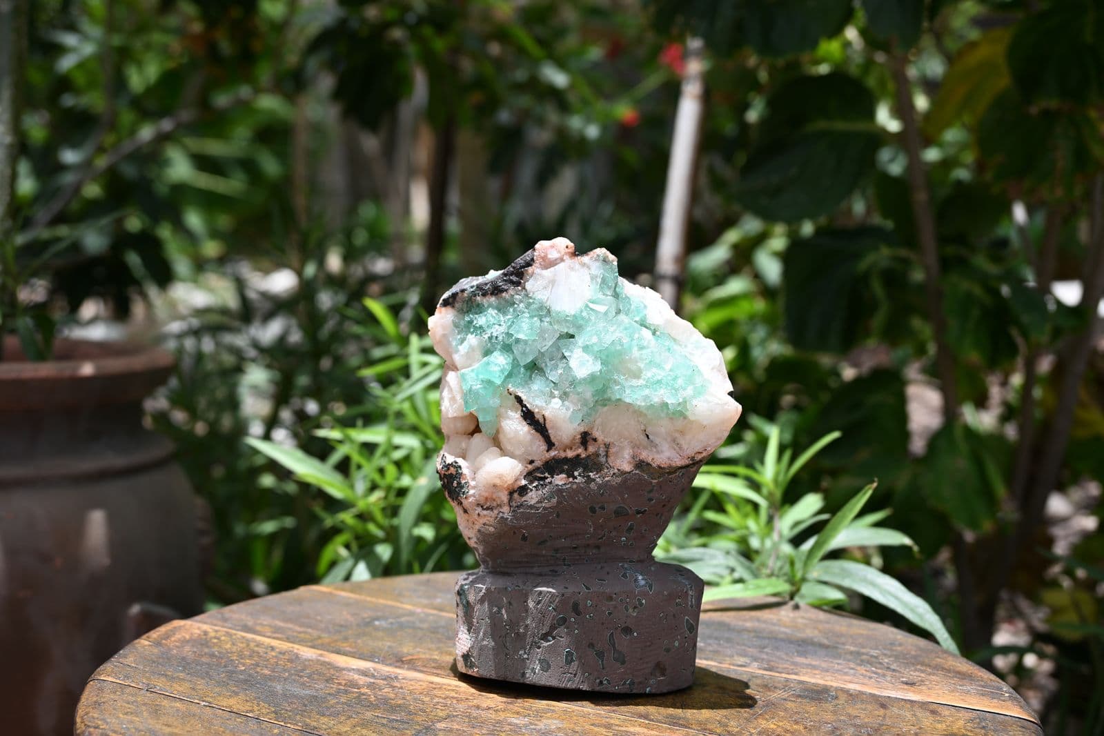 Green Apophyllite Crystal Cluster on Basalt Matrix with Display Pedestal