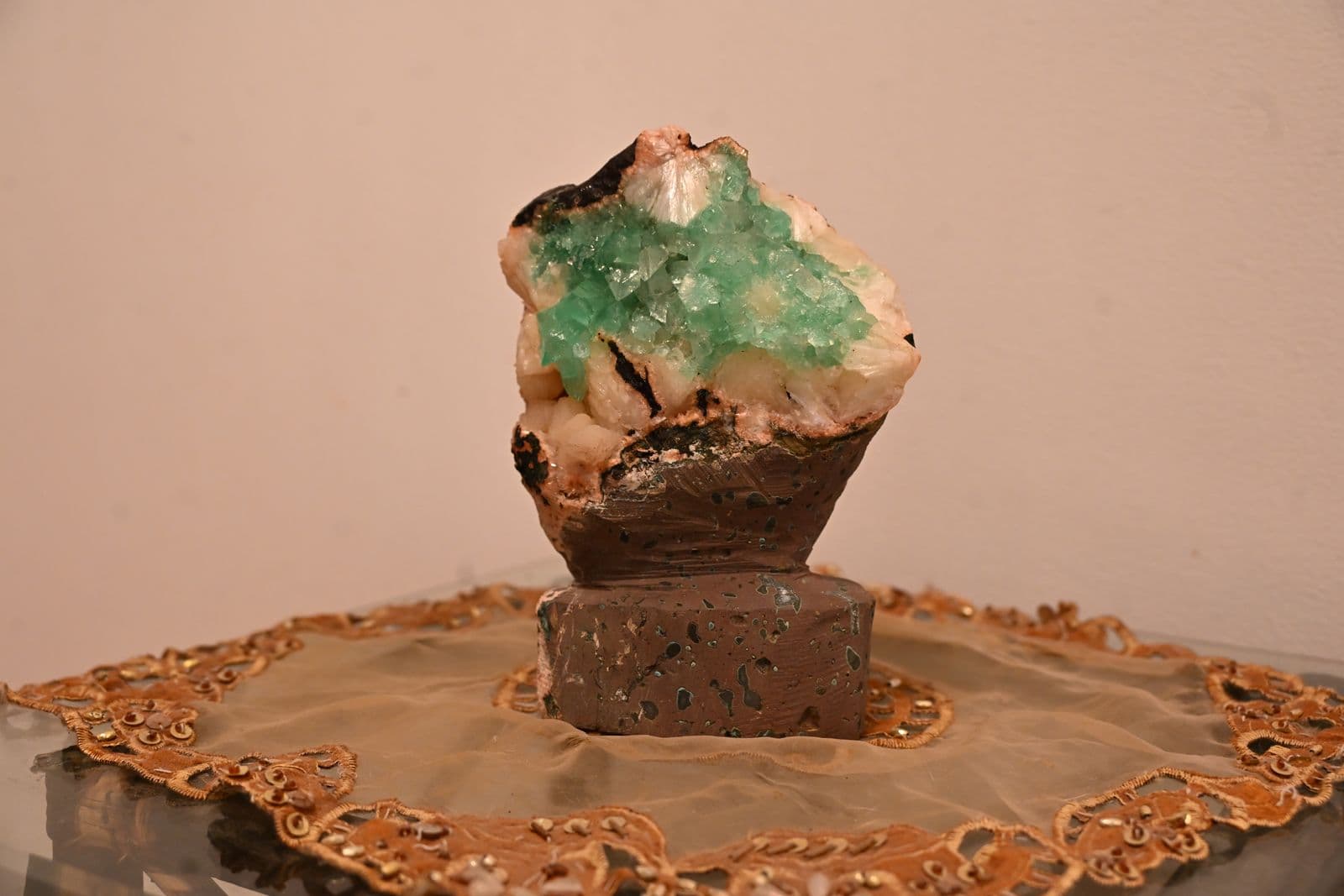 Green Apophyllite Crystal Cluster on Basalt Matrix with Display Pedestal — view 5