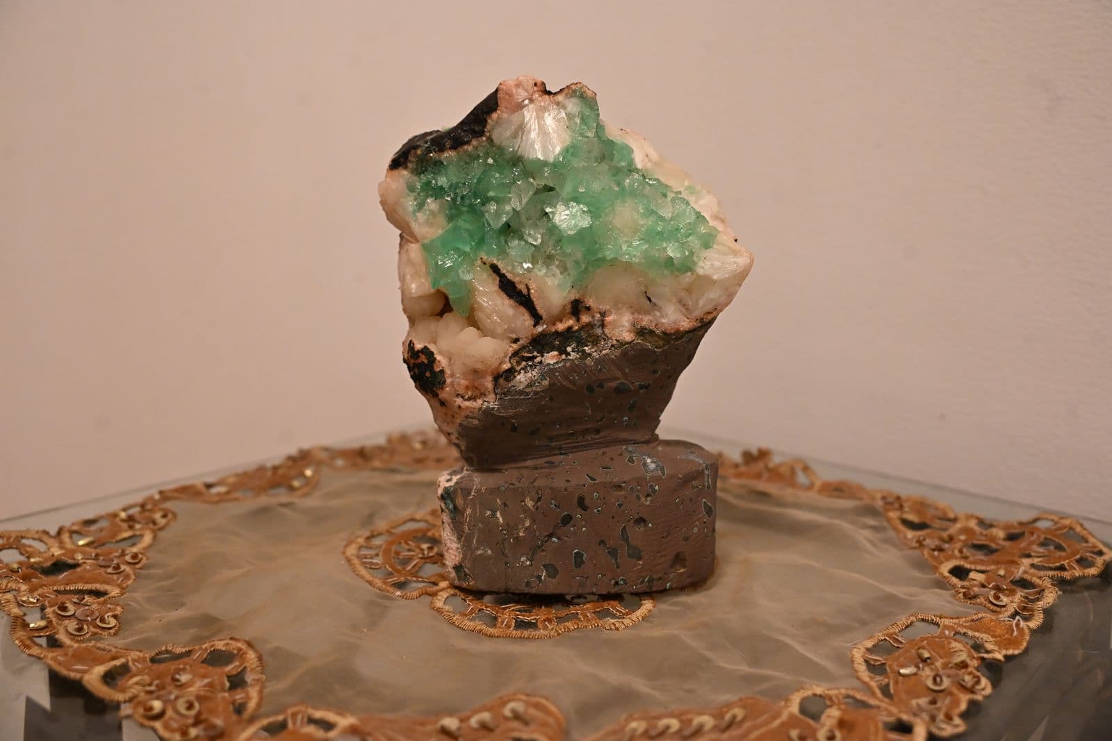 Green Apophyllite Crystal Cluster on Basalt Matrix with Display Pedestal — view 6