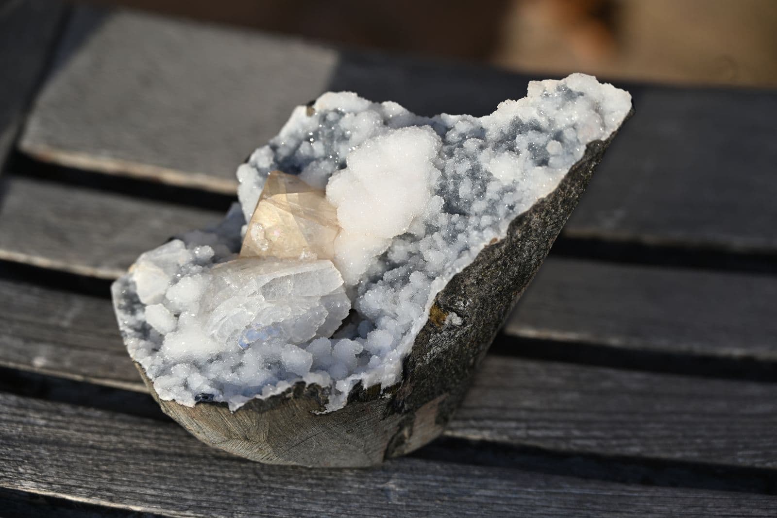 Golden Calcite on Quartz Druzy in Basalt Geode — view 3