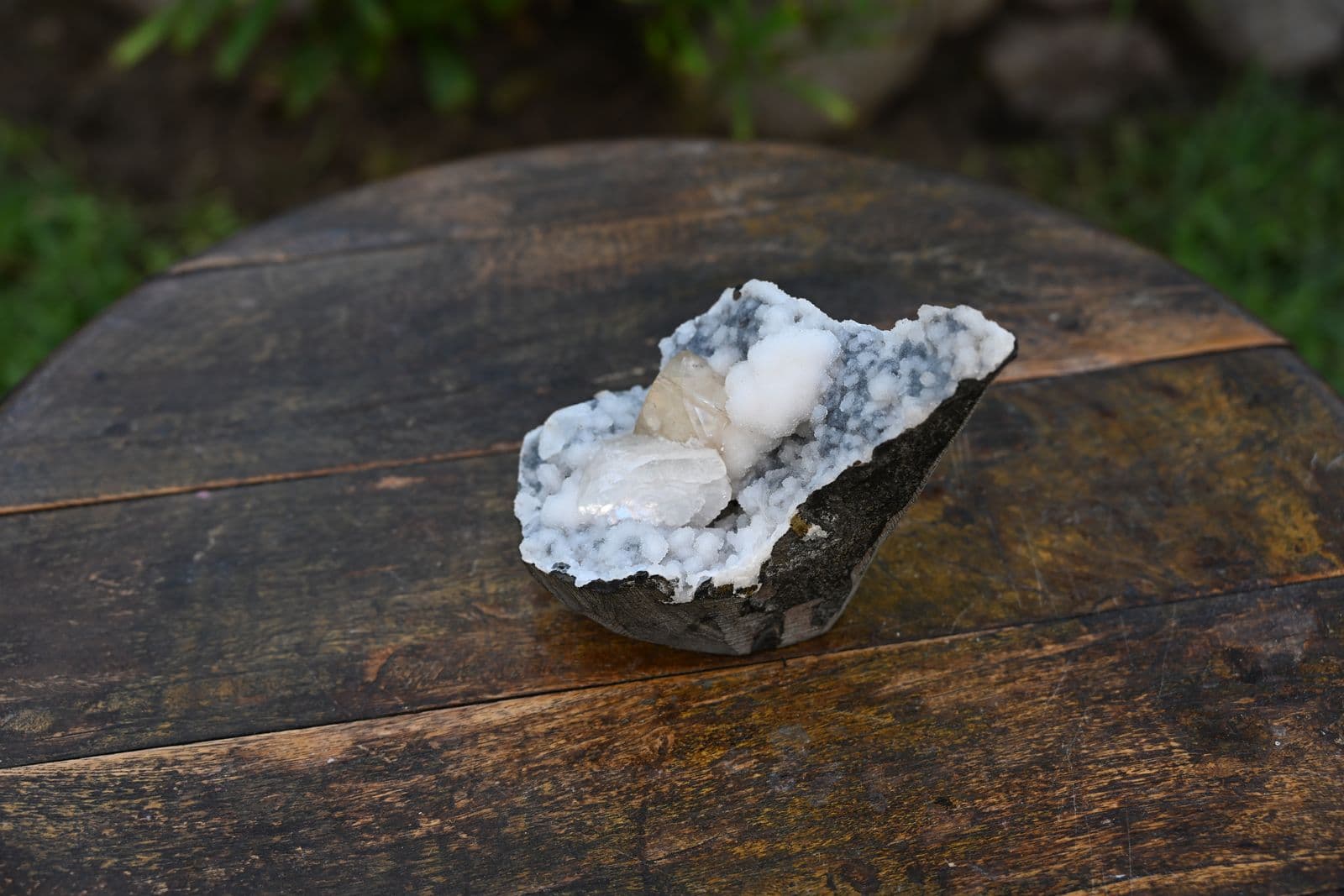 Golden Calcite on Quartz Druzy in Basalt Geode — view 6