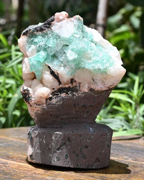 Green Apophyllite Crystal Cluster on Basalt Matrix with Display Pedestal