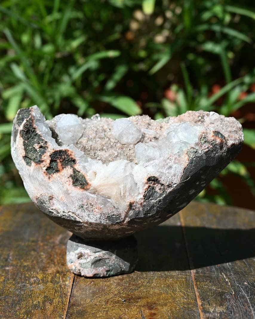 Apophyllite Geode Chalice on Carved Basalt Foot